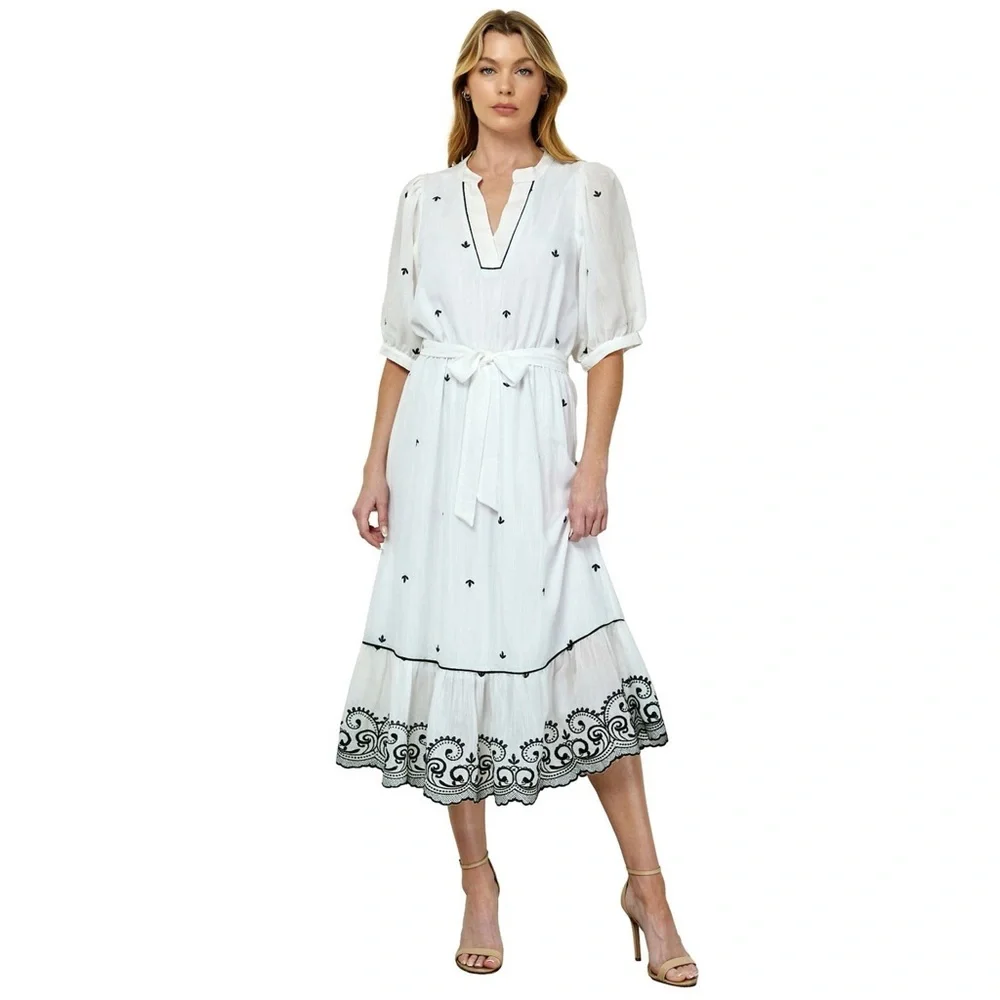 Women's Figueroa & Flower V-Neck Embroidered Peasant Dress - Picture 1 of 15